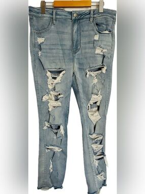 American Eagle Jeans Blue Hi-Rise Jegging Ripped Destroyed Raw Hem US14